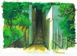 Rule 34 | absurdres, aerial (aerial 30), border, bush, chain-link fence, darkness, fence, grass, hallway, hedge, highres, no humans, original, painting (medium), plant, soil, sunlight, traditional media, tree, tunnel, vines, white border, wooden fence