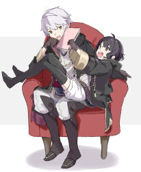 Rule 34 | 1boy, 1girl, black hair, father and daughter, fire emblem, fire emblem awakening, gloves, grey hair, menoko, morgan (female) (fire emblem), morgan (fire emblem), nintendo, no shoes, reading, robin (fire emblem), robin (male) (fire emblem), sitting, sitting on lap, sitting on person, thighhighs, white hair, yellow eyes