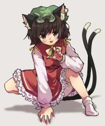 Rule 34 | 1girl, animal ears, blush, brown eyes, brown hair, cat ears, cat tail, chen, dress, earrings, fang, fingernails, frilled dress, frills, full body, green hat, hat, highres, jewelry, long fingernails, long sleeves, mob cap, multiple tails, nail polish, open mouth, red dress, red nails, sharp fingernails, short hair, simple background, single earring, skin fang, smile, socks, solo, tail, take no ko (4919400), touhou, two tails, white background, white socks