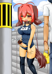 Rule 34 | animal ears, bar censor, blush, breasts, censored, collar, covered erect nipples, cum, dog ears, ejaculation, exhibitionism, futanari, handjob, large breasts, leash, masturbation, mister x (shojinn), one-piece swimsuit, open mouth, penis, public indecency, red eyes, red hair, school swimsuit, solo focus, swimsuit, tail, thighhighs