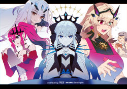 Rule 34 | 5girls, artoria caster (fate), artoria caster (first ascension) (fate), artoria pendragon (fate), baobhan sith (fate), baobhan sith (first ascension) (fate), bare shoulders, barghest (fate), barghest (second ascension) (fate), black bow, black dress, blonde hair, blue eyes, body markings, bow, braid, breasts, brown eyes, center frills, cleavage, detached collar, detached sleeves, dress, earrings, fate/grand order, fate (series), forked eyebrows, french braid, frills, green eyes, grey eyes, grey hair, hair bow, heterochromia, horns, jewelry, large breasts, long hair, long sleeves, looking at viewer, meiji ken, melusine (fate), melusine (third ascension) (fate), morgan le fay (fate), multiple girls, necklace, open mouth, pink hair, pointy ears, ponytail, red dress, red eyes, sidelocks, small breasts, smile, spikes, tiara, two-tone dress, very long hair, white dress, white hair, wide sleeves