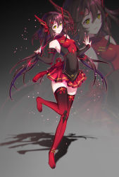 Rule 34 | 1girl, arms at sides, detached sleeves, fingernails, full body, hair ornament, highres, leg up, long hair, looking away, no shoes, original, purple hair, red thighhighs, shadow, skin tight, sleeves past wrists, solo, standing, standing on one leg, thighhighs, twintails, yellow eyes, yuzhi, zettai ryouiki, zoom layer