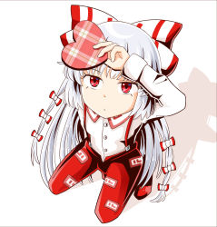 Rule 34 | 1girl, :/, arm above head, arm up, bow, box, breasts, closed mouth, commentary request, foreshortening, from above, fujiwara no mokou, gift, hair bow, hair ribbon, heart-shaped box, highres, holding, holding box, holding gift, long hair, long sleeves, looking at viewer, pants, plaid, red bow, red eyes, red footwear, red pants, ribbon, rozugadena, shadow, shirt, silver hair, simple background, small breasts, solo, squatting, suspenders, touhou, tress ribbon, very long hair, white background, white bow, white shirt