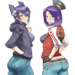 Rule 34 | 10s, 2girls, ass, back, bad id, bad pixiv id, black gloves, blush, breasts, butt crack, casual, clothes writing, condom, condom in mouth, condom wrapper, denim, dragon print, eyepatch, fig sign, gloves, halo, hand in pocket, hands on own hips, headgear, highres, jacket, japanese flag, jeans, kantai collection, looking at viewer, looking back, lowleg, lowleg pants, mechanical halo, mob3, mouth hold, multiple girls, panties, pants, purple eyes, purple hair, short hair, sleeves rolled up, smile, tatsuta (kancolle), tenryuu (kancolle), underwear, whale tail (clothing), white background, yellow eyes