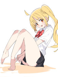 Rule 34 | 1girl, :d, ahoge, bare legs, barefoot, bitto (arnagle), black skin, blonde hair, bocchi the rock!, bow, bowtie, collared shirt, colored skin, commentary request, full body, ijichi nijika, knees up, legs, long hair, open mouth, orange eyes, plantar flexion, pleated skirt, red bow, red bowtie, shirt, side ponytail, simple background, sitting, skirt, smile, solo, sweatdrop, toes, white background, white shirt