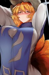 Rule 34 | 1girl, animal hat, arms behind head, arms up, blonde hair, blush, breasts, closed mouth, commentary, fox tail, hat, highres, kitsune, large breasts, long sleeves, mizuga, mob cap, multiple tails, short hair, solo, standing, symbol-only commentary, symbol-shaped pupils, tabard, tail, touhou, white hat, wide sleeves, yakumo ran