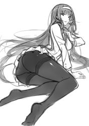 Rule 34 | 1girl, arm support, black pantyhose, breasts, greyscale, hairband, highres, long hair, long sleeves, monochrome, pantyhose, parted lips, saenai heroine no sodatekata, school uniform, simple background, skirt, solo, white background, zhuxiao517
