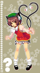 Rule 34 | 1girl, animal ears, aura, bloomers, cat ears, cat girl, cat tail, chen, china dress, chinese clothes, dress, female focus, hat, heart, heart tail, mary janes, multiple tails, pigeon-toed, ribbon, shima chiyo, shoes, short hair, solo, tail, touhou, underwear