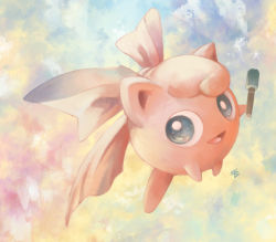 Rule 34 | :d, blue eyes, cloud, cloudy sky, commentary request, creature, creatures (company), day, full body, game freak, gen 1 pokemon, hair ribbon, happy, holding, holding microphone, jigglypuff, mei ford, microphone, nintendo, no humans, open mouth, pink ribbon, pokemon, pokemon (creature), ribbon, signature, sky, smile, solo