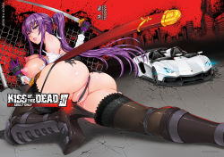 Rule 34 | 1girl, ass, black thighhighs, blue eyes, breasts, busujima saeko, cameltoe, car, fei (maidoll), garter straps, gloves, highschool of the dead, hip focus, huge ass, huge breasts, katana, lamborghini, lamborghini aventador, lamborghini aventador j, long hair, looking back, motor vehicle, nipples, ponytail, purple hair, solo, sword, thick thighs, thighhighs, thighs, torn clothes, uncensored, vehicle, weapon, wide hips