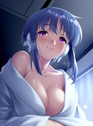Rule 34 | 1girl, blue hair, blush, breasts, cleavage, closed mouth, collarbone, commentary request, commission, eyelashes, girl on top, hair between eyes, ilfa (to heart), indoors, large breasts, lips, looking at viewer, night, nightgown, no bra, off shoulder, pov, purple eyes, robot ears, seductive smile, short hair with long locks, single bare shoulder, skeb commission, smile, solo, to heart (series), to heart 2, visible air, zen (kamuro)