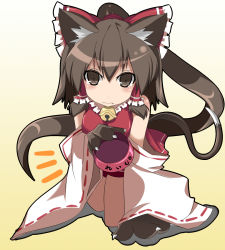 Rule 34 | 1girl, all fours, animal ears, animal hands, bad id, bad pixiv id, bell, blush, bow, bowl, brown eyes, brown hair, cat ears, cat girl, cat tail, detached sleeves, dress, fang, female focus, gradient background, hair bow, hair tubes, hakurei reimu, highres, hungry, japanese clothes, kemonomimi mode, long hair, miko, naotaka, ponytail, red dress, solo, tail, tears, touhou, very long hair