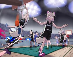 Rule 34 | 6+girls, 6+others, absurdres, alternate costume, ball, basketball (object), basketball court, basketball jersey, basketball uniform, black hair, blonde hair, blue hair, blurry, blurry background, closed mouth, crowd, dog girl, doggystyle, fuwawa abyssgard, hakos baelz, highres, hololive, hololive english, irys (hololive), jersey, koizumi arata, koseki bijou, long hair, meme, mococo abyssgard, multiple girls, multiple others, nanashi mumei, national basketball association, nerissa ravencroft, official alternate costume, open mouth, ouro kronii, outstretched arms, purple hair, red hair, running, sex from behind, shiori novella, shoes, slam dunk (basketball), sneakers, sportswear, spread arms, virtual youtuber, wade-lebron dunk picture (meme), white hair