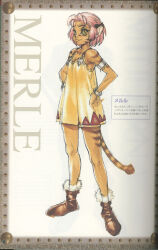 Rule 34 | 1girl, :3, animal ears, armlet, artbook, bob cut, body fur, boots, border, bracelet, breasts, brown border, brown footwear, brown fur, cat girl, character name, character sheet, closed mouth, dark-skinned female, dark skin, dress, full body, fur-trimmed boots, fur trim, furry, furry female, hands on own hips, highres, jewelry, looking at viewer, merle (tenkuu no escaflowne), non-web source, official art, page number, parted bangs, pink hair, pointy ears, scan, short dress, sleeveless, sleeveless dress, small breasts, smile, solo, standing, striped, striped tail, tail, tenkuu no escaflowne, translated, yellow dress, yellow eyes, yuuki nobuteru