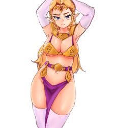Rule 34 | 1girl, armor, armpits, arms up, bikini armor, blonde hair, blue eyes, breasts, circlet, cleavage, closed mouth, elbow gloves, eyebrows, female focus, gloves, highres, large breasts, long hair, navel, nintendo, pelvic curtain, pointy ears, princess zelda, shoulder armor, simple background, solo, split mouth, standing, stomach, the legend of zelda, thighhighs, thighs, underboob, very long hair, white background, white gloves, white thighhighs, yotamono