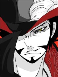 Rule 34 | 1boy, dracule mihawk, facial hair, hat, hat over one eye, lining, male focus, monochrome, mustache, one piece, popped collar, simple background, solo, spot color