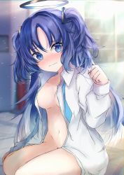 Rule 34 | 1girl, blue archive, blue eyes, blue hair, blue necktie, blurry, blurry background, blush, breasts, closed mouth, collared shirt, dot nose, embarrassed, female focus, halo, karappo (poket12), long hair, looking at viewer, medium breasts, multicolored hair, naked shirt, navel, necktie, on bed, open clothes, open shirt, parted bangs, pillow, shirt, sitting, solo, two-tone hair, undone necktie, white shirt, yokozuwari, yuuka (blue archive)