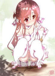 Rule 34 | 1girl, asuna (sao), blush, boots, bracelet, braid, breasts, brown eyes, brown hair, bush, choker, cleavage, doku momo, dress, forest, french braid, gloves, hair ribbon, high heels, highres, index finger raised, jewelry, long hair, looking down, medium breasts, nature, panties, peeing, peeing self, puddle, ribbon, sleeveless, sleeveless dress, solo, squatting, strap slip, sweatdrop, sword art online, thigh boots, thighhighs, tree, underwear, wet, wet clothes, wet panties, white dress, white footwear, white gloves, white panties