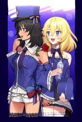 Rule 34 | 2girls, :d, alternate costume, andou (girls und panzer), bc freedom (emblem), black hair, blonde hair, blouse, blue bow, blue eyes, blue headwear, blue neckwear, blue shirt, blue sleeves, bottle, bow, bowtie, brown eyes, buttons, chain, dark-skinned female, dark skin, detached collar, detached sleeves, diagonal stripes, double-breasted, double horizontal stripe, emblem, finger to mouth, flower, frilled legwear, frilled shirt, frilled skirt, frilled sleeves, frills, girls und panzer, hat, high collar, holding, holding bottle, holding clothes, holding hat, idol, kepi, locked arms, looking to the side, medium hair, messy hair, military hat, miniskirt, multicolored bow, multiple girls, necktie, open mouth, oshida (girls und panzer), pleated skirt, red bow, red flower, red rose, rose, shirt, short shorts, shorts, skirt, smile, strapless, striped bow, striped bowtie, striped clothes, striped neckwear, sweat, tan (inka), thighhighs, unworn hat, unworn headwear, water bottle, white legwear, white shorts, white skirt