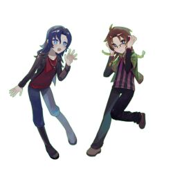 Rule 34 | 2boys, ahoge, black jacket, black pants, blonde hair, blue eyes, blue hair, blue pants, blue pupils, boots, brown footwear, brown hair, chinese commentary, closed mouth, commentary request, cropped jacket, cross, cross necklace, dark blue hair, full body, glasses, green jacket, hand up, highres, jacket, jewelry, layered sleeves, long sleeves, male focus, multicolored hair, multiple boys, necklace, open clothes, open jacket, open mouth, orie rin, pants, parted bangs, pink trim, purple hair, quad braids, rectangular eyewear, red shirt, saibou shinkyoku, saki (sakixiaose), sayo kento, shirt, short over long sleeves, short sleeves, simple background, smile, striped clothes, striped shirt, vertical-striped clothes, vertical-striped shirt, white background