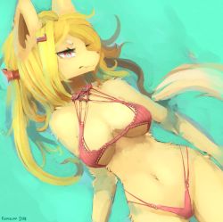 Rule 34 | 1girl, animal ears, bikini, blonde hair, body fur, commentary, cowboy shot, english commentary, furry, furry female, hair ornament, hairclip, kameloh, long hair, lying on water, navel, original, red bikini, red eyes, snout, solo, swimsuit, tail, water, yellow fur