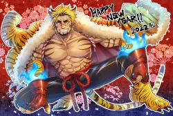 Rule 34 | 1boy, abs, absurdres, animal ears, bara, blonde hair, facial hair, gachimuchi, highres, kageru (mofnyan), large pectorals, looking at viewer, mature male, muscular, muscular male, new year, old, old man, original, pectoral cleavage, pectorals, puffy chest, tiger stripes