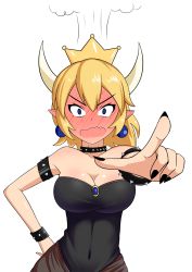 Rule 34 | 1girl, angry, blonde hair, blue eyes, blush, bowsette, breasts, cleavage, covered navel, crown, dress, ear blush, earrings, embarrassed, fang, glaring, hand on own hip, highres, jewelry, large breasts, looking at viewer, mario (series), nail polish, new super mario bros. u deluxe, nintendo, pointing, pointy ears, ponytail, simple background, solo, spikes, strapless, strapless dress, super crown, the only shoe, wavy mouth, white background, wide-eyed