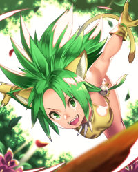 Rule 34 | 1girl, 555carpaccio, animal ears, boomerang, brown gloves, cham cham, claws, eyelashes, fangs, fingernails, flower, forest, gloves, green eyes, green hair, hair between eyes, jewelry, light rays, long fingernails, long hair, nature, necklace, necktie, open mouth, outdoors, petals, purple flower, samurai spirits, sharp fingernails, smile, solo, spiked hair, tail, throwing, torn, torn clothes, weapon