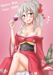 Rule 34 | 1girl, 2024, alternate costume, anti (untea9), blush, bottle, breasts, brown eyes, cleavage, cup, drinking glass, drunk, flower, grey hair, hair between eyes, hair flower, hair ornament, happy new year, highres, japanese clothes, kantai collection, kimono, large breasts, lips, long hair, long sleeves, looking at viewer, new year, obi, open mouth, pola (kancolle), ponytail, red kimono, sash, sitting, smile, solo, wavy hair, wide sleeves, wine bottle, wine glass
