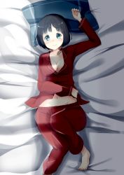 Rule 34 | 10s, 1girl, alp, barefoot, bed, bed sheet, black hair, blue eyes, blunt bangs, blush, bob cut, breasts, cleavage, clothes lift, colored eyelashes, indoors, kirigaya suguha, large breasts, light smile, looking at viewer, lying, midriff, navel, night, on back, on bed, open clothes, open shirt, pajamas, pillow, shirt, shirt lift, short hair, smile, solo, sword art online, toes, wide hips