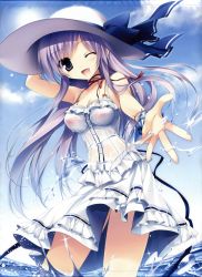 Rule 34 | 1girl, absurdres, bracelet, breasts, choker, dress, hand on headwear, hat, highres, image sample, jewelry, karory, light purple hair, looking at viewer, medium breasts, one eye closed, open mouth, outstretched arm, purple eyes, purple hair, ribbon choker, scan, see-through, smile, solo, splashing, standing, sun hat, sundress, wading, water, wet, wet clothes, white dress, wink