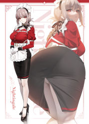 Rule 34 | 1girl, absurdres, alternate costume, apron, ass, ass focus, belt, black skirt, braid, braided ponytail, breasts, buttons, character name, enmaided, fate/grand order, fate (series), florence nightingale (fate), folded ponytail, frills, full body, gloves, high-waist skirt, high heels, highres, juliet sleeves, large breasts, long hair, long sleeves, looking at viewer, looking back, maid, maid headdress, multiple views, pantyhose, pantylines, pencil skirt, pink hair, projected inset, puffy sleeves, red eyes, red shirt, shirt, skirt, standing, strappy heels, taut clothes, thighs, waist apron, white gloves, white pantyhose, yd (orange maru)