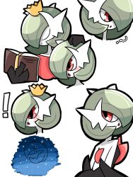 Rule 34 | 2girls, ?, alternate color, aman (jaiden), back, backless dress, backless outfit, bare shoulders, black dress, blue sky, blush, bob cut, book, closed eyes, closed mouth, colored skin, creatures (company), crown, dress, female focus, from behind, game freak, gardevoir, gen 3 pokemon, green hair, hair over one eye, hand on another&#039;s head, highres, looking back, looking to the side, mega gardevoir, mega pokemon, multiple girls, multiple views, nintendo, one eye covered, open book, open mouth, pokemon, pokemon (creature), reading, red eyes, short hair, simple background, sky, standing, star (sky), strapless, strapless dress, u u, upper body, white background, white skin, yellow headwear
