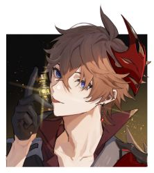 Rule 34 | 1boy, akabane yu, black gloves, blue eyes, chess piece, earrings, genshin impact, gloves, gnosis (genshin impact), hair between eyes, highres, holding, jacket, jewelry, looking at viewer, male focus, mask, mask on head, orange hair, portrait, red mask, simple background, single earring, solo, tartaglia (genshin impact), tongue, tongue out