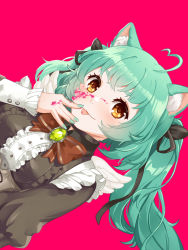 Rule 34 | 1girl, ahoge, animal ears, bow, bowtie, breasts, cat ears, cat girl, commentary, english commentary, girl dm, girl dm (magical girl), green hair, heart, heart ahoge, indie virtual youtuber, long sleeves, looking at viewer, simple background, small breasts, solo, tongue, tongue out, twintails, uguubear, virtual youtuber, yellow eyes