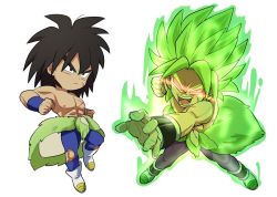 Rule 34 | 2boys, arms at sides, aura, bad id, bad twitter id, bidarian, black eyes, black hair, boots, broly (dragon ball super), chibi, clenched hands, dragon ball, dragon ball super, dragon ball super broly, dual persona, expressionless, fingernails, full body, glowing, glowing eyes, green hair, incoming attack, incoming punch, legendary super saiyan, looking away, male focus, multiple boys, nipples, no pupils, open mouth, outstretched arm, punching, red eyes, scar, shaded face, topless male, short hair, simple background, spiked hair, super saiyan, teeth, torn clothes, torn legwear, white background, wristband