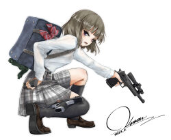 Rule 34 | 1girl, bag, black socks, bow, brown footwear, brown hair, commentary request, dated, desert eagle, from side, full body, grey skirt, gun, handgun, highres, holding, holding gun, holding weapon, imi desert eagle, kouon (socommk23), loafers, long sleeves, looking at viewer, looking to the side, magazine (weapon), open mouth, original, over-kneehighs, plaid, plaid skirt, pleated skirt, purple eyes, red bow, school bag, scope, shirt, shoe soles, shoes, signature, simple background, single over-kneehigh, single thighhigh, skirt, sleeves past wrists, socks, solo, squatting, thighhighs, weapon, white background, white shirt