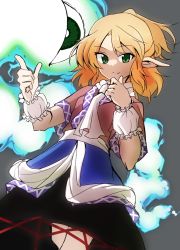 Rule 34 | 1girl, arm warmers, blonde hair, closed mouth, cowboy shot, green eyes, grey background, half updo, highres, looking at viewer, mizuhashi parsee, multicolored clothes, pointy ears, scarf, shinmon akika, short hair, short sleeves, simple background, solo, standing, touhou, white scarf