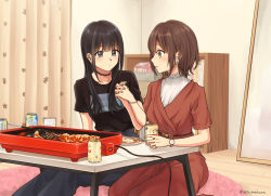 Rule 34 | 2girls, beer can, black hair, black shirt, blue eyes, blunt bangs, bookshelf, breasts, brown hair, can, choker, chopsticks, closed mouth, collarbone, commentary request, commission, cooking, couple, drink can, earrings, expressionless, fingernails, green eyes, green nails, grill, grilling, highres, holding hands, jewelry, kirin (company), long hair, mirror, multiple girls, nail polish, open mouth, pixiv commission, plate, ring, setu kurokawa, shirt, short hair, sitting, spatula, t-shirt, watch, wristwatch, yuri