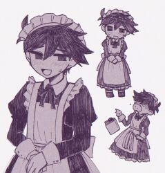 Rule 34 | 1boy, antenna hair, apron, blush, choichoice, collared dress, dress, hero (headspace) (omori), hero (omori), long dress, long sleeves, looking at viewer, looking to the side, maid, maid apron, maid headdress, monochrome, omori, open mouth, own hands together, puffy short sleeves, puffy sleeves, ribbon, short hair, short sleeves, simple background, smile, solo, standing, sweat