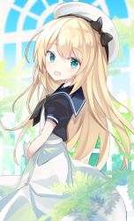 Rule 34 | 1girl, blonde hair, blue eyes, blue sailor collar, blurry, cowboy shot, depth of field, dress, fathom, gloves, hat, highres, jervis (kancolle), kantai collection, long hair, looking at viewer, open mouth, sailor collar, sailor dress, sailor hat, short sleeves, smile, solo, white dress, white gloves, white hat, window