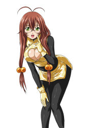 Rule 34 | 00s, 1girl, antenna hair, artist request, bodysuit, breasts, brown hair, chinese clothes, cleavage, cleavage cutout, clothing cutout, glasses, gloves, gold, green eyes, heart cutout, highres, ikkitousen, large breasts, latex, latex gloves, latex suit, long hair, miniskirt, official art, ryuubi gentoku, shiny clothes, simple background, skin tight, skirt, smile, solo