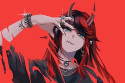 Rule 34 | 1girl, black hair, black nails, blue eyes, bracelet, chain, chain necklace, commentary, demon girl, demon horns, ear piercing, earrings, gin (tttetu123), highres, horns, jewelry, long hair, looking at viewer, multicolored hair, nail polish, nanashi inc., necklace, no eyewear, parted lips, piercing, pointy ears, red background, red hair, ring, ryugasaki rene, smile, solo, sugar lyric, teeth, two-tone hair, upper body, virtual youtuber