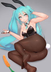 Rule 34 | 1girl, absurdres, animal ears, aqua eyes, aqua hair, armpits, ass, black leotard, black pantyhose, breasts, cameltoe, carrot, cellphone, collar, doha skylightscent, fake animal ears, feet, grey background, hair between eyes, hatsune miku, highres, leotard, long hair, looking at viewer, lying, medium breasts, necktie, on side, pantyhose, phone, playboy bunny, rabbit ears, rabbit tail, short necktie, smartphone, soles, solo, tail, twintails, very long hair, vocaloid, white collar