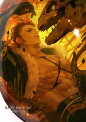 Rule 34 | 1boy, abs, bare pectorals, brown hair, cropped jacket, dinosaur, eye contact, eyepatch, fur-trimmed jacket, fur trim, hair slicked back, happy birthday, highres, jacket, large pectorals, long sideburns, looking at another, male focus, mask, muscular, muscular male, nipples, one piece, open clothes, open jacket, pectorals, short hair, sideburns, smile, solo focus, spiked hair, stomach, x drake, yonekura naoyasu