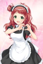 Rule 34 | 1girl, agatsuma ren, alternative girls, apron, black dress, dress, fang, green eyes, heart, heart hands, highres, long hair, looking at viewer, maid, maid headdress, official art, open mouth, pink background, red hair, smile, solo, white apron