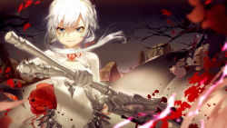 Rule 34 | 1girl, angry, blood, blood splatter, dress, gloves, hair ornament, highres, holding, holding weapon, looking at viewer, night, open mouth, petals, sawashi (ur-sawasi), short hair, grey eyes, sinoalice, sky, snow white (sinoalice), solo, sword, teeth, torn clothes, torn dress, branch, weapon, white gloves, white hair