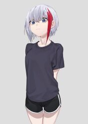 Rule 34 | 1girl, absurdres, admiral graf spee (azur lane), arms behind back, azur lane, black shirt, black shorts, blue eyes, breasts, closed mouth, collarbone, commentary, grey background, grey hair, highres, looking at viewer, medium breasts, multicolored hair, page&#039;as, red hair, shirt, short hair, short sleeves, shorts, sidelocks, solo, standing, streaked hair, t-shirt, upper body
