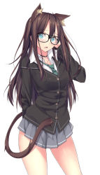 Rule 34 | 10s, 1girl, animal ear fluff, animal ears, bespectacled, blazer, bonkiru, breasts, brown hair, buttons, cardigan, cat ears, cat tail, choker, female focus, glasses, green eyes, hand on own head, idolmaster, idolmaster cinderella girls, jacket, jewelry, kemonomimi mode, large breasts, long hair, long sleeves, looking at viewer, loose necktie, necktie, open mouth, pendant, pleated skirt, school uniform, shibuya rin, shirt, simple background, skirt, solo, standing, tail, white background, white shirt