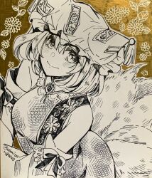 Rule 34 | 1girl, akaioringo2023, animal ears, detached sleeves, dress, flower, fox ears, fox tail, hat, leaf, looking at viewer, mob cap, monochrome, multiple tails, ofuda, ofuda on clothes, short hair, sleeveless, sleeveless dress, solo, tail, touhou, traditional media, twitter username, yakumo ran